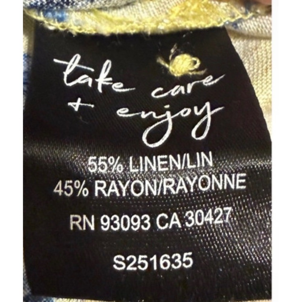 NIC+ZOE Linen Top Womens‎ XS Yellow Blue Ikat Abstract Print Button Front Beach - Picture 4 of 6